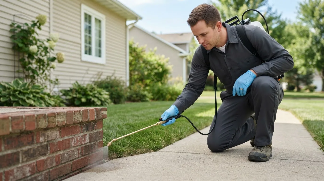 Pest control technician treating a home near Hendersonville, NC
