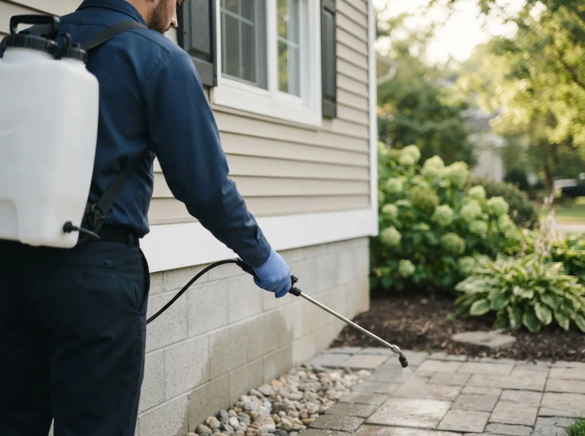 Pest control technician inspecting a home in Hendersonville, NC